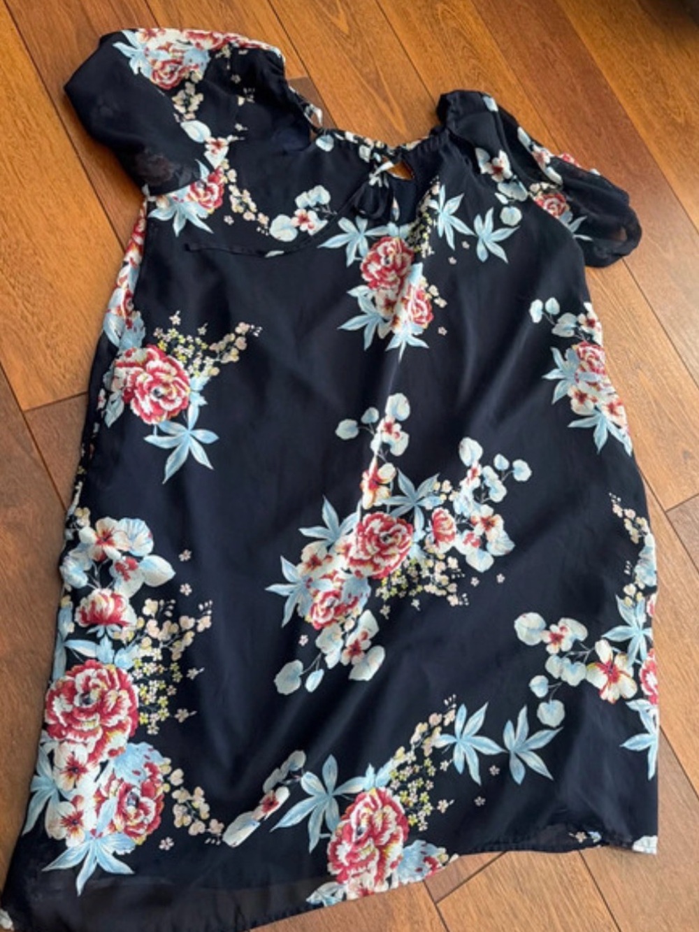 New York & Company Navy Floral Cold-Shoulder Blouse